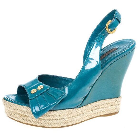 Louis Vuitton Blue Patent Espadrilles Slingback Wedges Size 37.5 - Picture 1 of 4